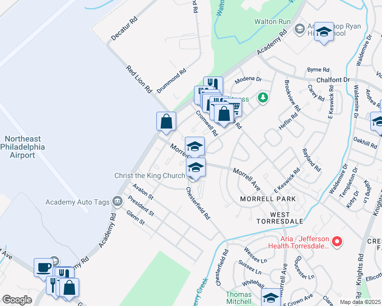 map of restaurants, bars, coffee shops, grocery stores, and more near 3261 Morrell Avenue in Philadelphia