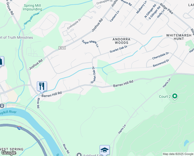 map of restaurants, bars, coffee shops, grocery stores, and more near 3 Scarlet Oak Drive in Lafayette Hill