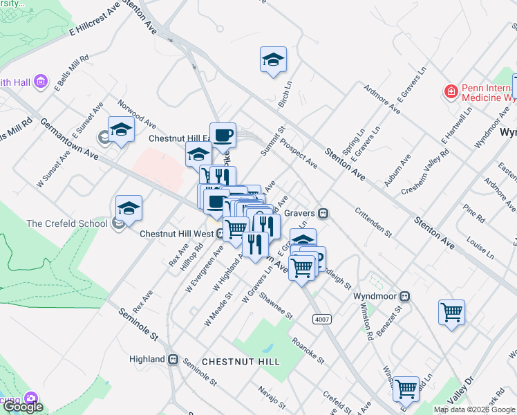 map of restaurants, bars, coffee shops, grocery stores, and more near 201 East Highland Avenue in Philadelphia