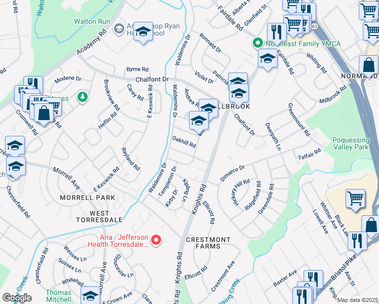 map of restaurants, bars, coffee shops, grocery stores, and more near 3815 Dorchester Road in Philadelphia
