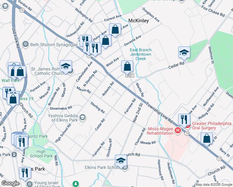map of restaurants, bars, coffee shops, grocery stores, and more near 302 Stowe Road in Elkins Park