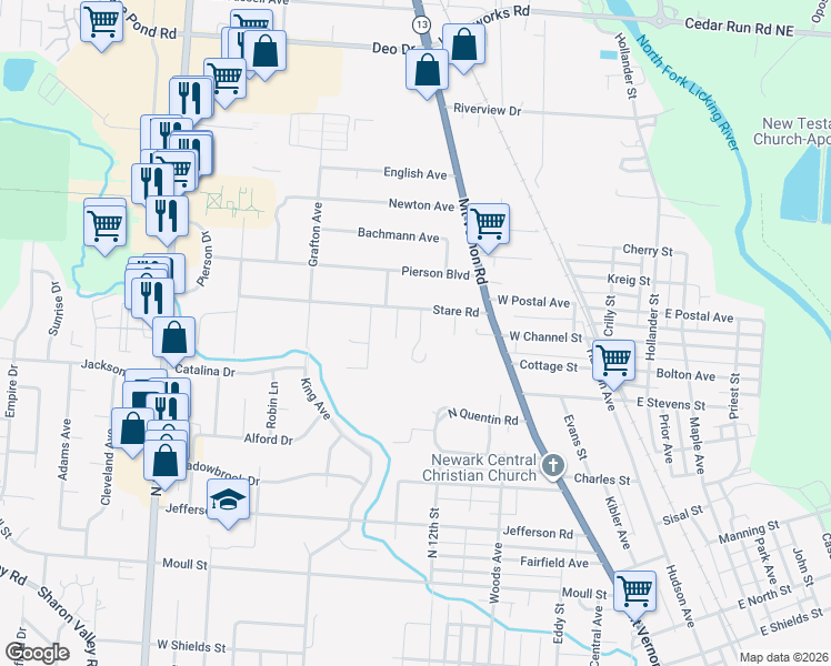 map of restaurants, bars, coffee shops, grocery stores, and more near 735 Towne Krier Court in Newark