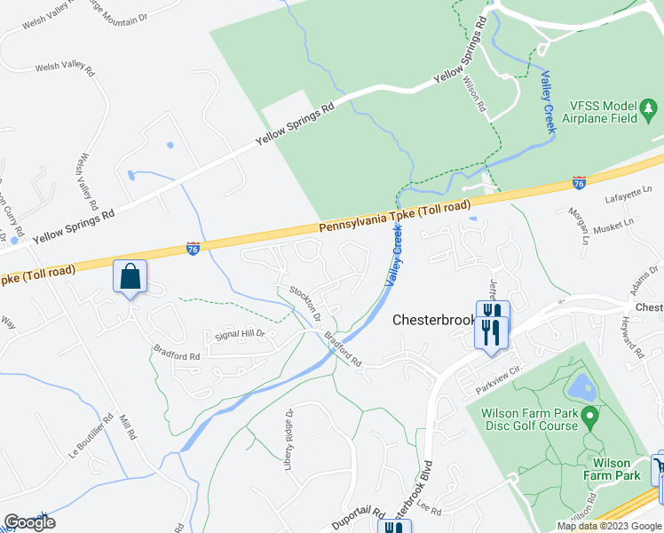 map of restaurants, bars, coffee shops, grocery stores, and more near 179 Valley Stream Circle in Chesterbrook