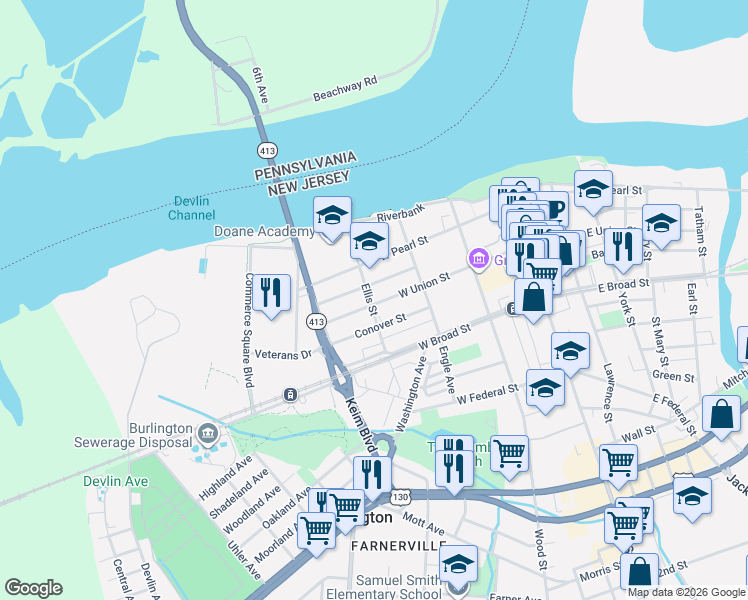 map of restaurants, bars, coffee shops, grocery stores, and more near 249 Conover Street in Burlington