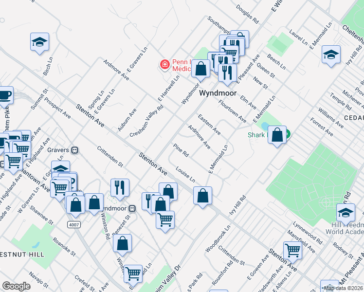 map of restaurants, bars, coffee shops, grocery stores, and more near 7901 Pine Road in Wyndmoor