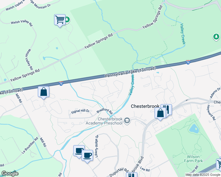 map of restaurants, bars, coffee shops, grocery stores, and more near 180 Valley Stream Circle in Chesterbrook