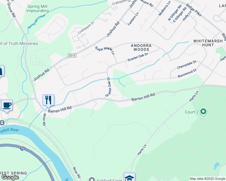 map of restaurants, bars, coffee shops, grocery stores, and more near 3 Scarlet Oak Drive in Lafayette Hill