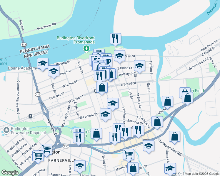 map of restaurants, bars, coffee shops, grocery stores, and more near 22 East Broad Street in Burlington