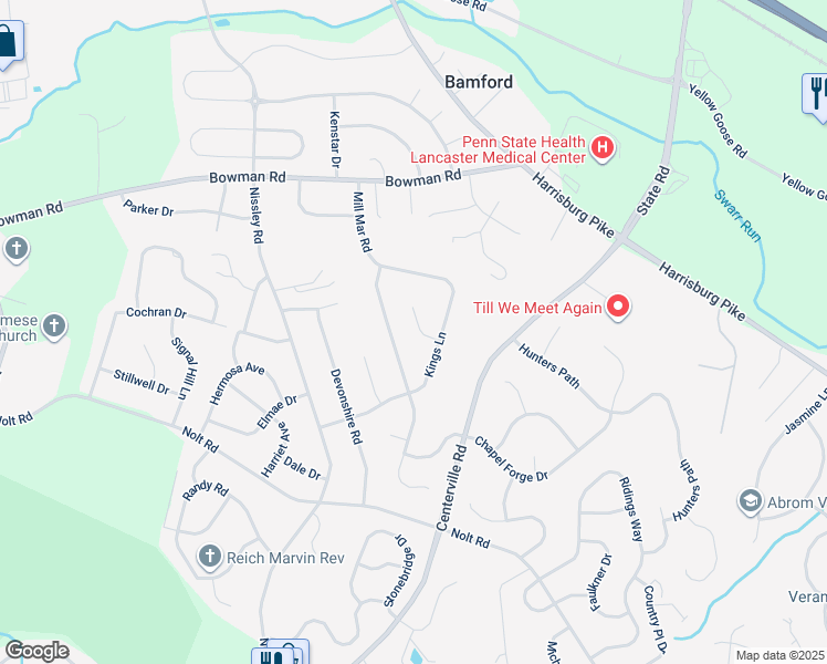 map of restaurants, bars, coffee shops, grocery stores, and more near 1108 Amy Lane in Lancaster