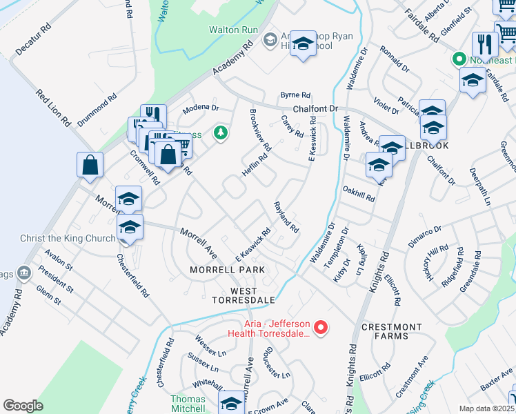 map of restaurants, bars, coffee shops, grocery stores, and more near 3566 Dows Road in Philadelphia