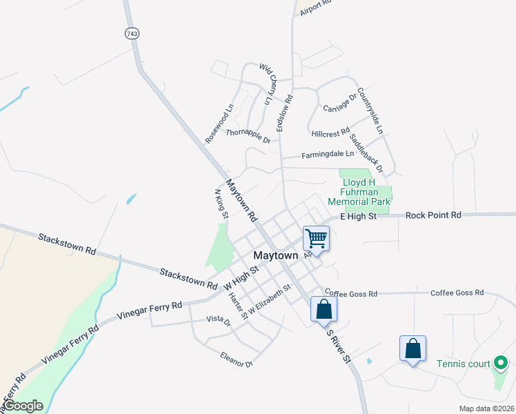 map of restaurants, bars, coffee shops, grocery stores, and more near 110 North River Street in Maytown