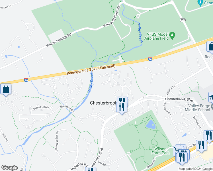 map of restaurants, bars, coffee shops, grocery stores, and more near 6 Algonquin Court in Chesterbrook