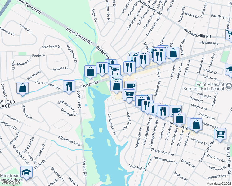 map of restaurants, bars, coffee shops, grocery stores, and more near 1104 Cohocton Place in Point Pleasant