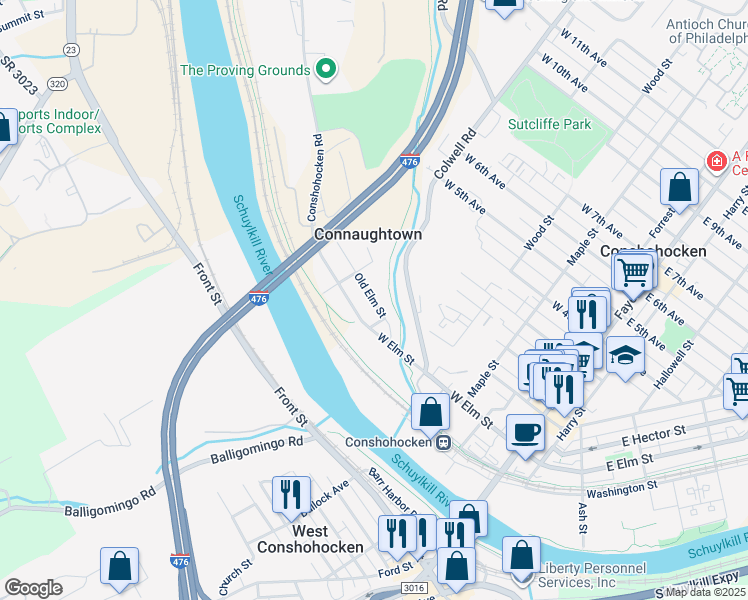 map of restaurants, bars, coffee shops, grocery stores, and more near 442 Old Elm Street in Conshohocken