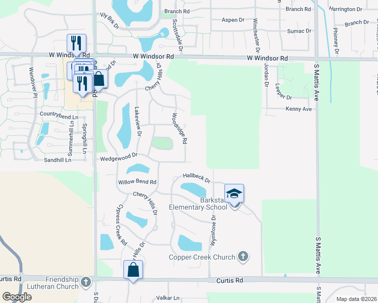 map of restaurants, bars, coffee shops, grocery stores, and more near 2812 Woodridge Road in Champaign