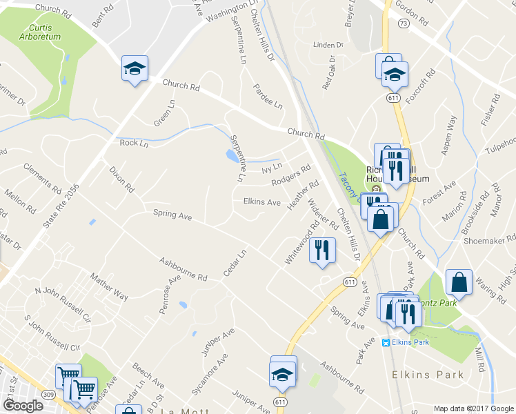 map of restaurants, bars, coffee shops, grocery stores, and more near 828 Elkins Avenue in Elkins Park