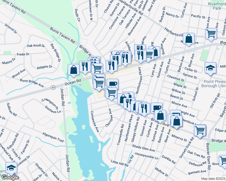 map of restaurants, bars, coffee shops, grocery stores, and more near 3208-60 Bridge Avenue in Point Pleasant