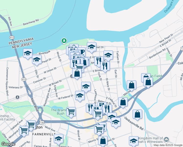 map of restaurants, bars, coffee shops, grocery stores, and more near 417 Lawrence Street in Burlington