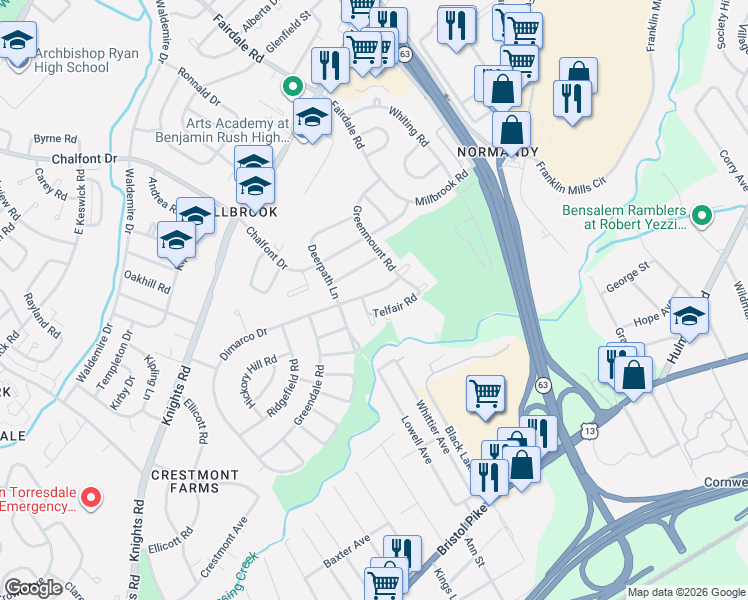 map of restaurants, bars, coffee shops, grocery stores, and more near 4418 Crossland Road in Philadelphia