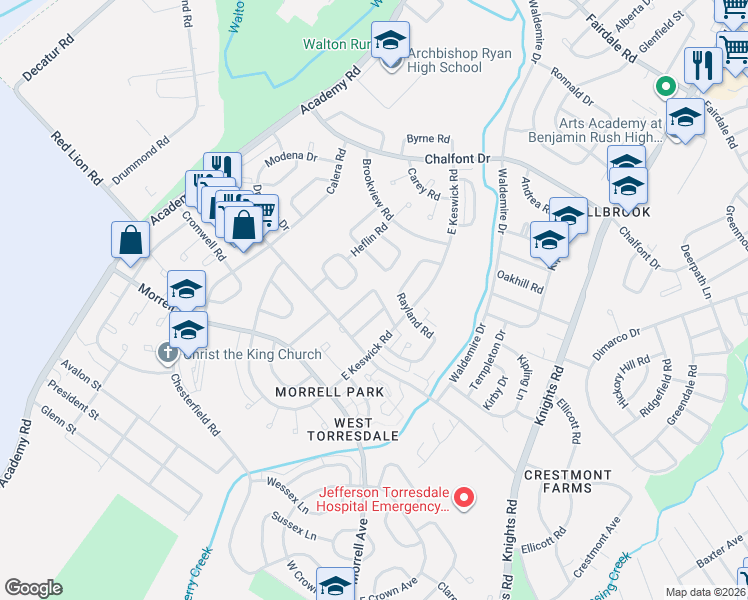 map of restaurants, bars, coffee shops, grocery stores, and more near 10714 Philcrest Road in Philadelphia
