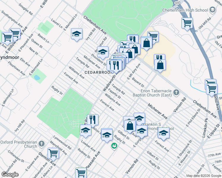 map of restaurants, bars, coffee shops, grocery stores, and more near 8302 Fayette Street in Philadelphia