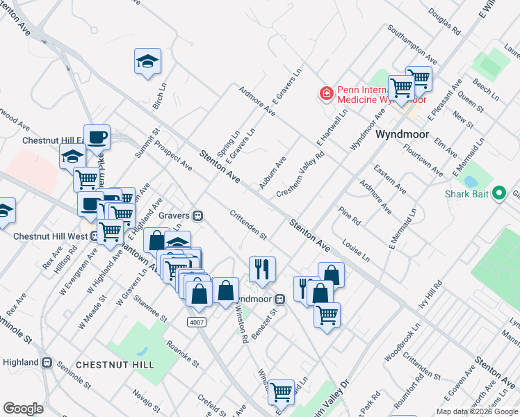 map of restaurants, bars, coffee shops, grocery stores, and more near 8113 Crittenden Street in Philadelphia