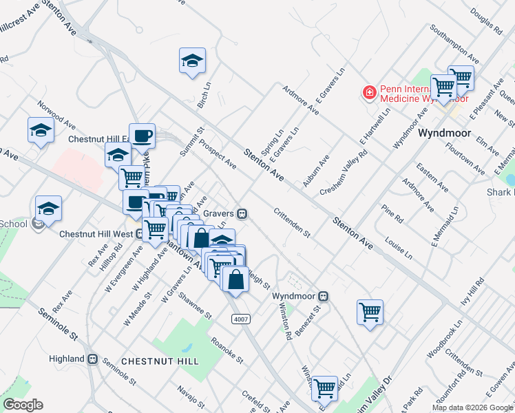 map of restaurants, bars, coffee shops, grocery stores, and more near 8308 Crittenden Street in Philadelphia