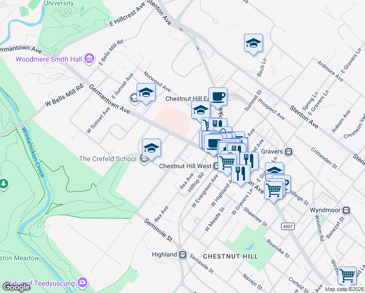 map of restaurants, bars, coffee shops, grocery stores, and more near 102 Shawnee Street in Philadelphia
