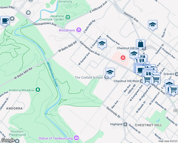 map of restaurants, bars, coffee shops, grocery stores, and more near 8919-21 Crefeld Street in Philadelphia