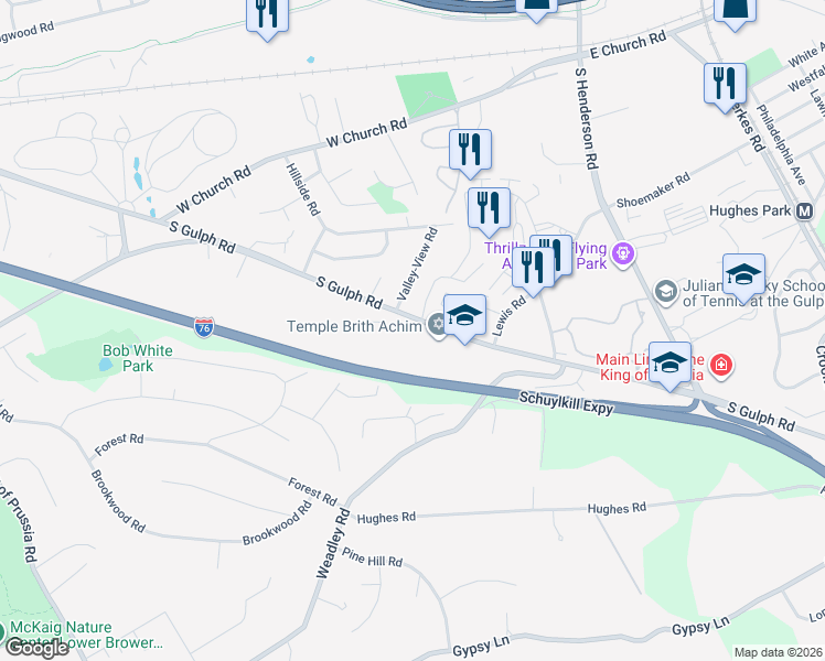 map of restaurants, bars, coffee shops, grocery stores, and more near 459 South Gulph Road in King of Prussia