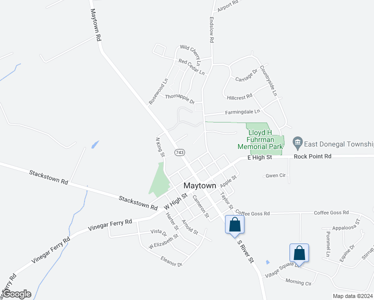 map of restaurants, bars, coffee shops, grocery stores, and more near 110 North River Street in Maytown