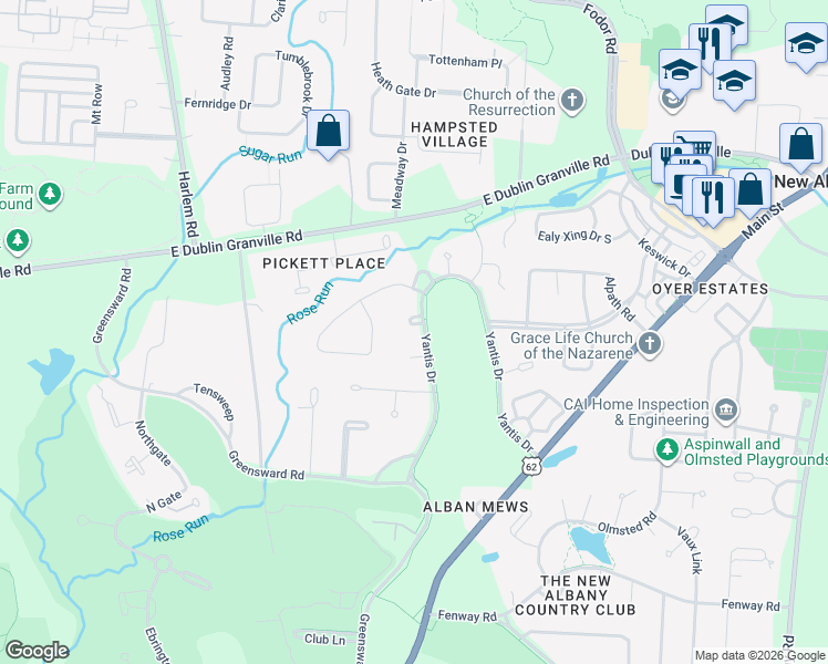 map of restaurants, bars, coffee shops, grocery stores, and more near 4737 Yantis Drive in New Albany