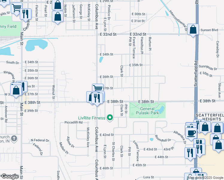 map of restaurants, bars, coffee shops, grocery stores, and more near 3719 Saint Charles Street in Anderson