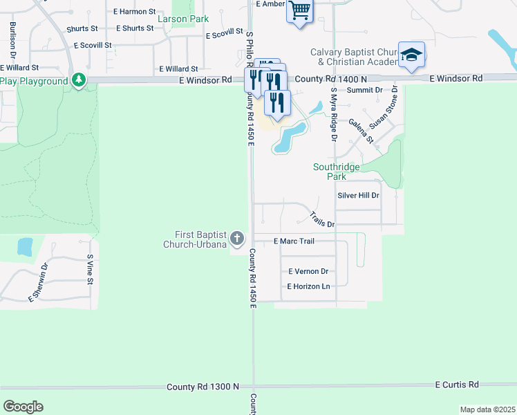 map of restaurants, bars, coffee shops, grocery stores, and more near 3208 Fawn Hill Court in Urbana