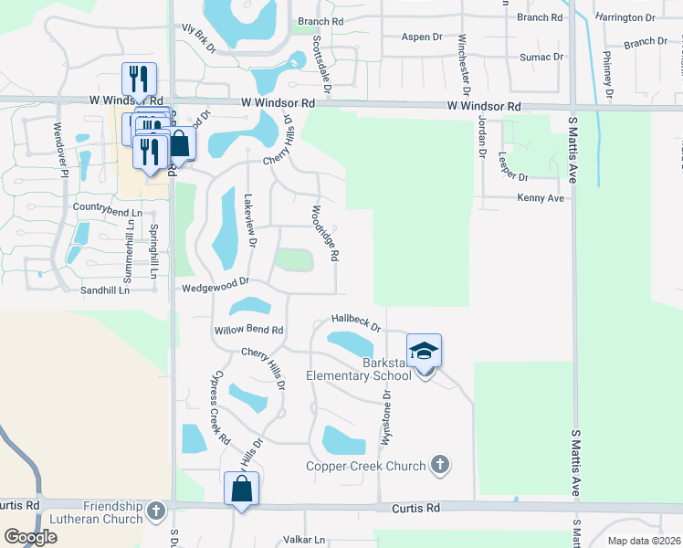 map of restaurants, bars, coffee shops, grocery stores, and more near 2812 Woodridge Road in Champaign