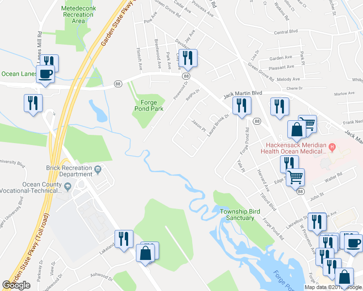 map of restaurants, bars, coffee shops, grocery stores, and more near 445 Laurel Brook Drive in Brick