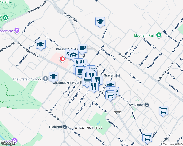 map of restaurants, bars, coffee shops, grocery stores, and more near 201 East Evergreen Avenue in Philadelphia