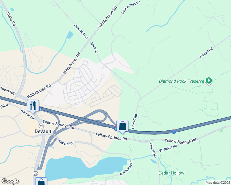 map of restaurants, bars, coffee shops, grocery stores, and more near 155 Lotus Lane in Malvern