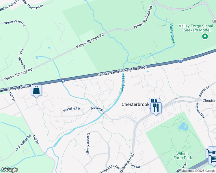 map of restaurants, bars, coffee shops, grocery stores, and more near 276 Valley Stream Lane in Chesterbrook
