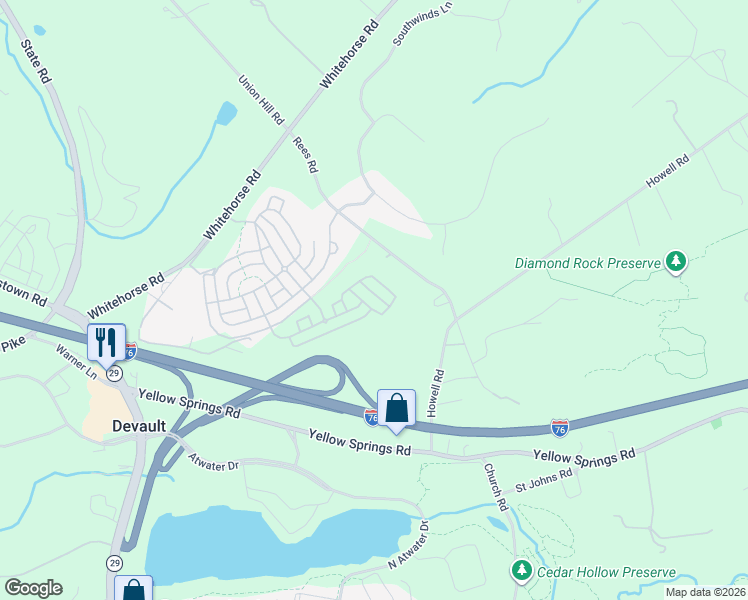 map of restaurants, bars, coffee shops, grocery stores, and more near 2176 Howell Road in Malvern
