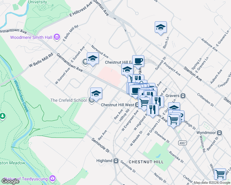 map of restaurants, bars, coffee shops, grocery stores, and more near 102 Shawnee Street in Philadelphia