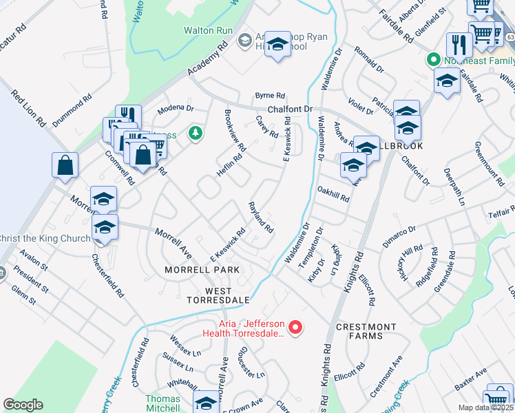 map of restaurants, bars, coffee shops, grocery stores, and more near 10805 Rayland Road in Philadelphia