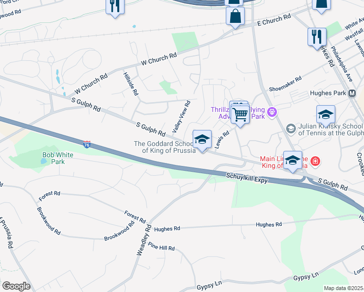 map of restaurants, bars, coffee shops, grocery stores, and more near 459 South Gulph Road in King of Prussia