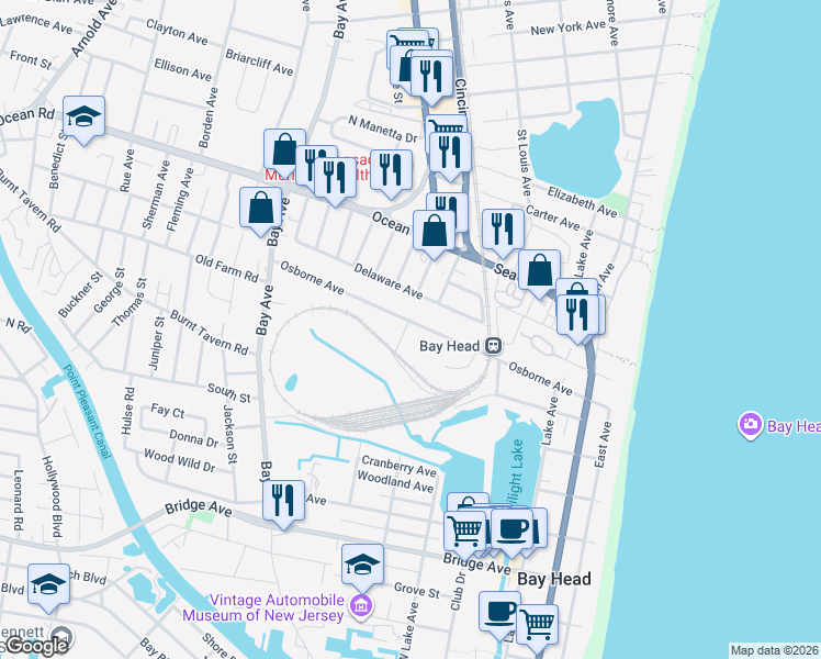 map of restaurants, bars, coffee shops, grocery stores, and more near 174 Twilight Road in Bay Head