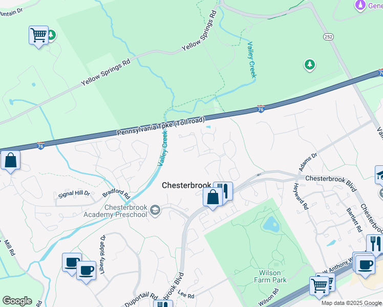 map of restaurants, bars, coffee shops, grocery stores, and more near 6 Algonquin Court in Chesterbrook