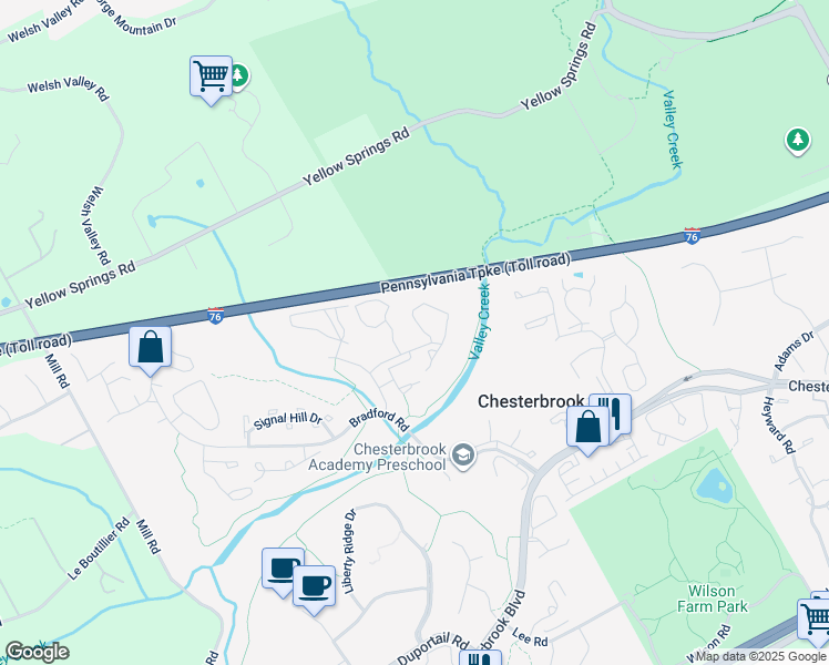 map of restaurants, bars, coffee shops, grocery stores, and more near 214 Valley Stream Lane in Chesterbrook