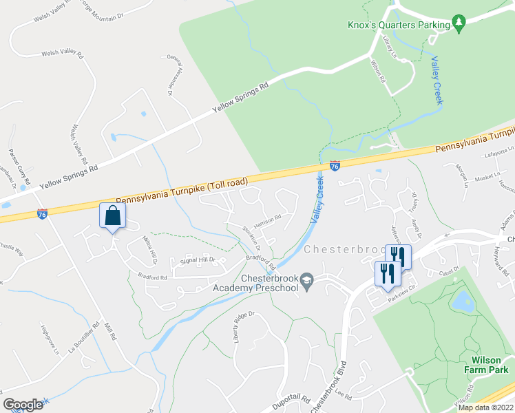 map of restaurants, bars, coffee shops, grocery stores, and more near 118 Valley Stream Circle in Chesterbrook