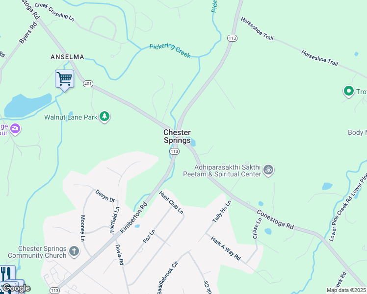 map of restaurants, bars, coffee shops, grocery stores, and more near 1560 Conestoga Road in Chester Springs