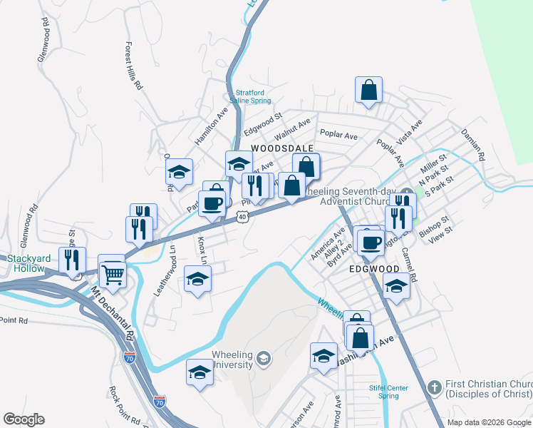 map of restaurants, bars, coffee shops, grocery stores, and more near National Road in Wheeling
