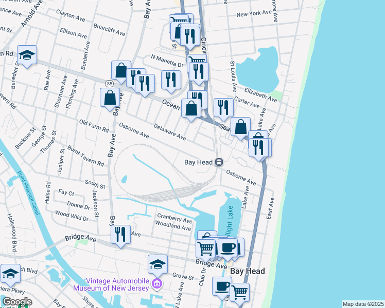 map of restaurants, bars, coffee shops, grocery stores, and more near 174 Twilight Road in Bay Head